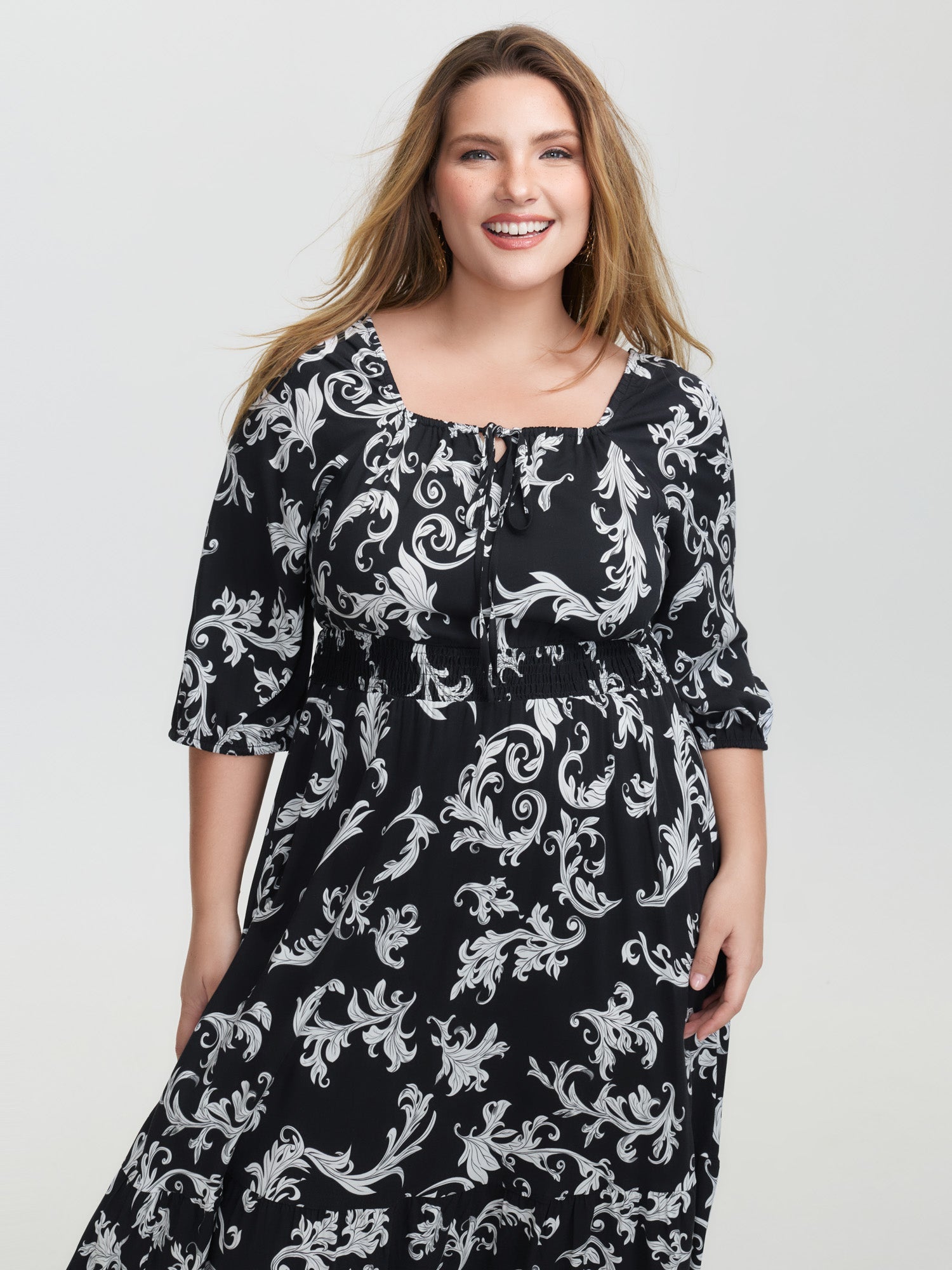 Scroll Pattern Adjustable Drawstring Pockets Midi Dress