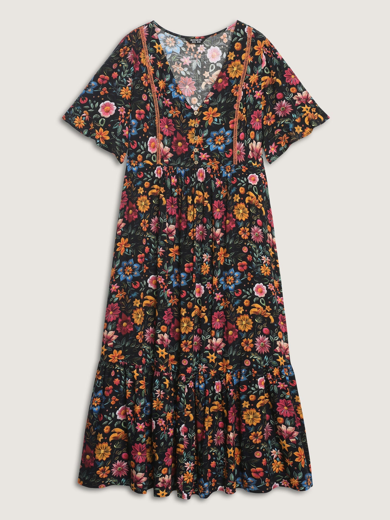 Rayon Floral Lace Trim Button Maxi Dress