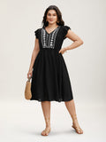 Floral Embroidered V Neck Ruffle Cap Sleeve Dress