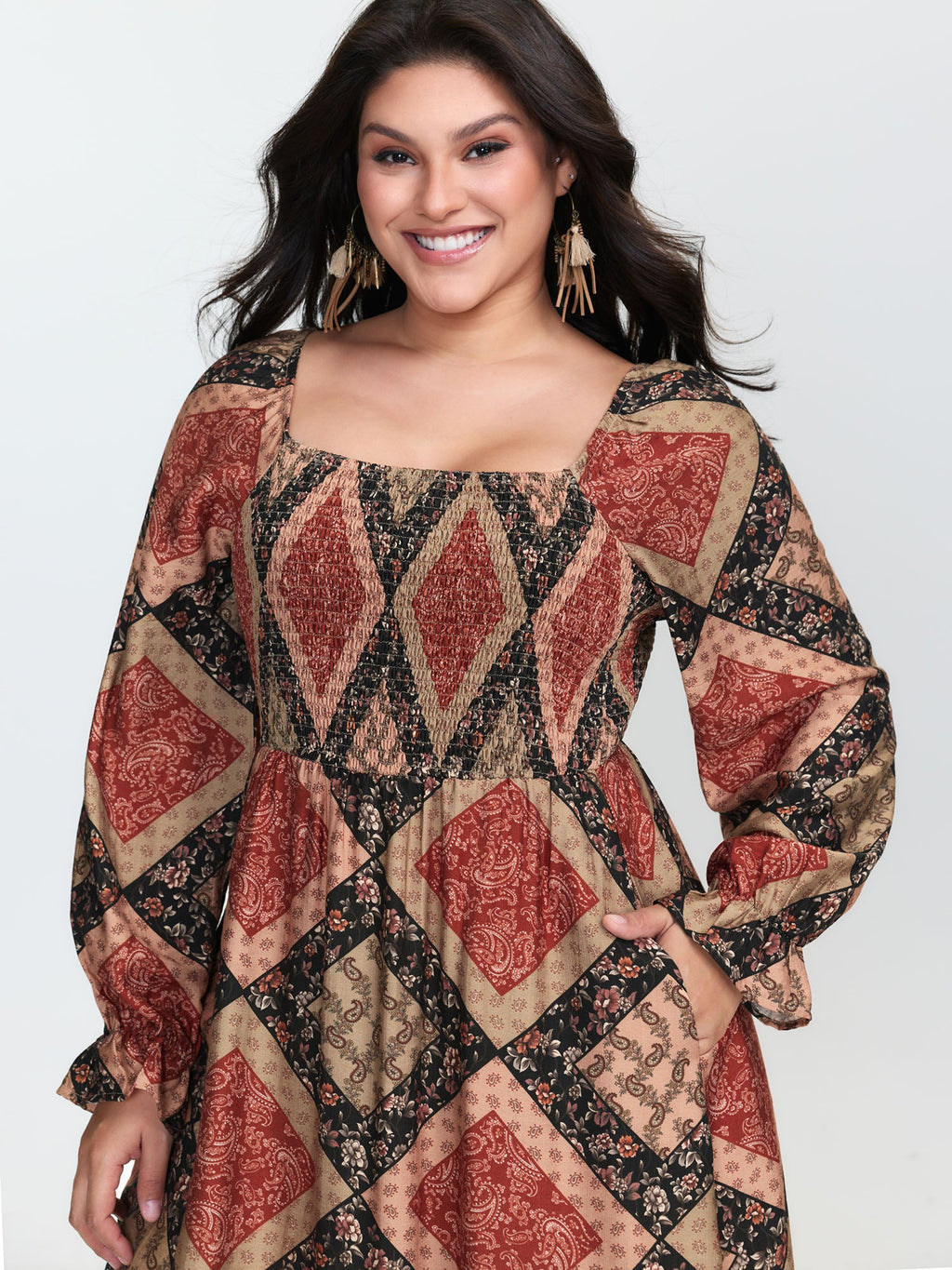 Geometric Print Shirred Bodice Midi Dress