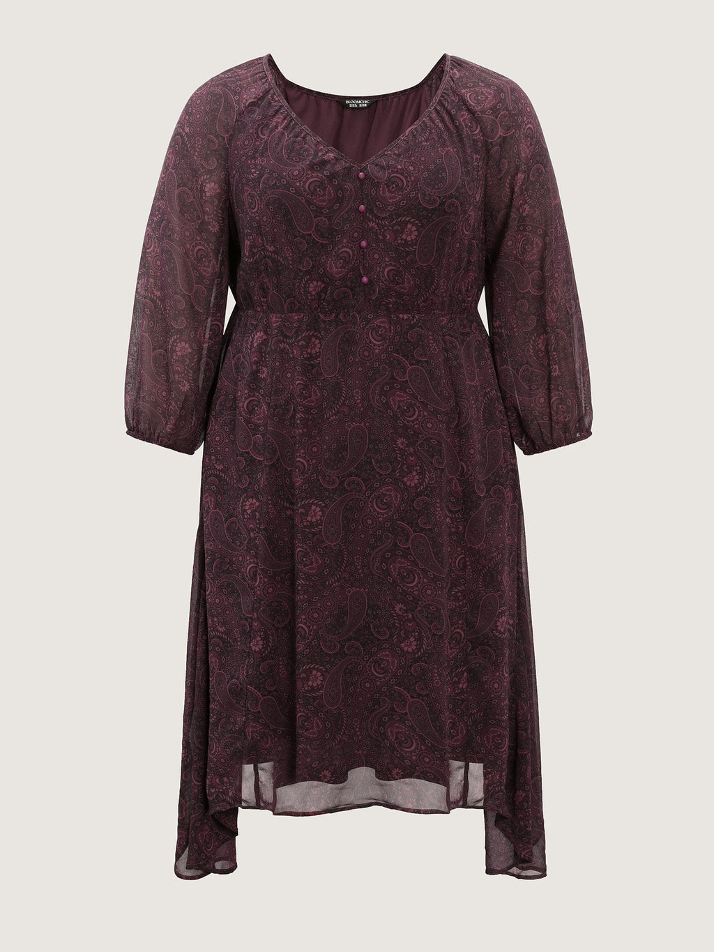 Sheer Sleeve Contrast V-Neck Midi Dress