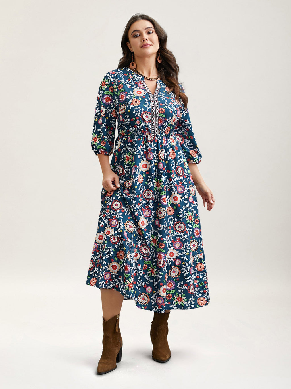 Floral Print Stretchy-Waist Pockets Midi Dress