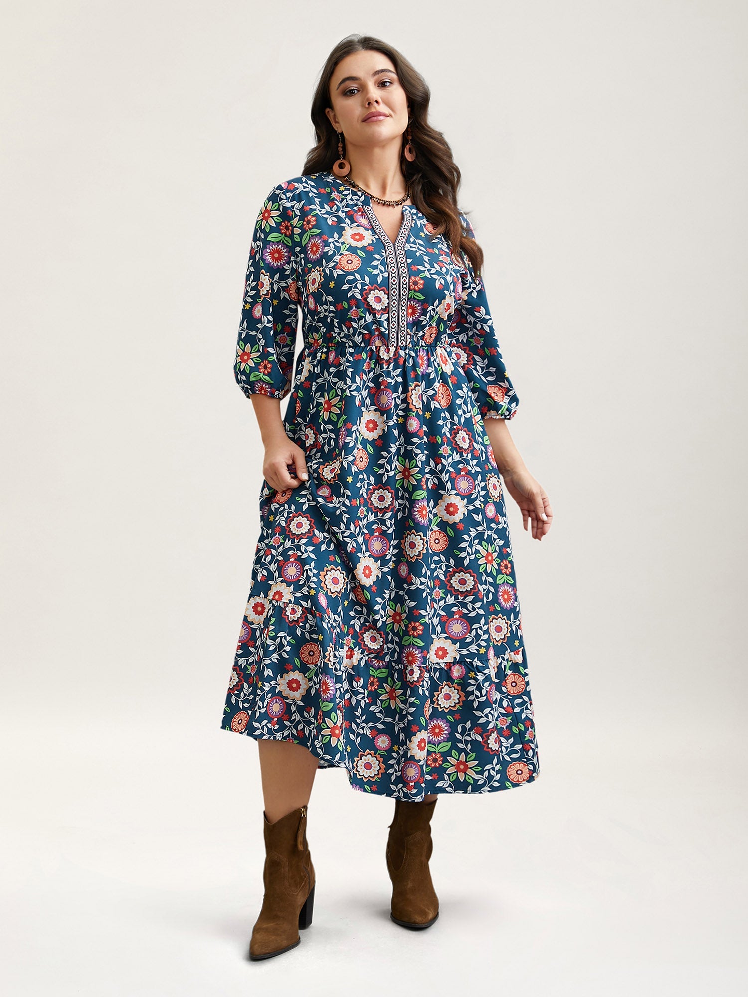 Floral Print Stretchy-Waist Pockets Midi Dress