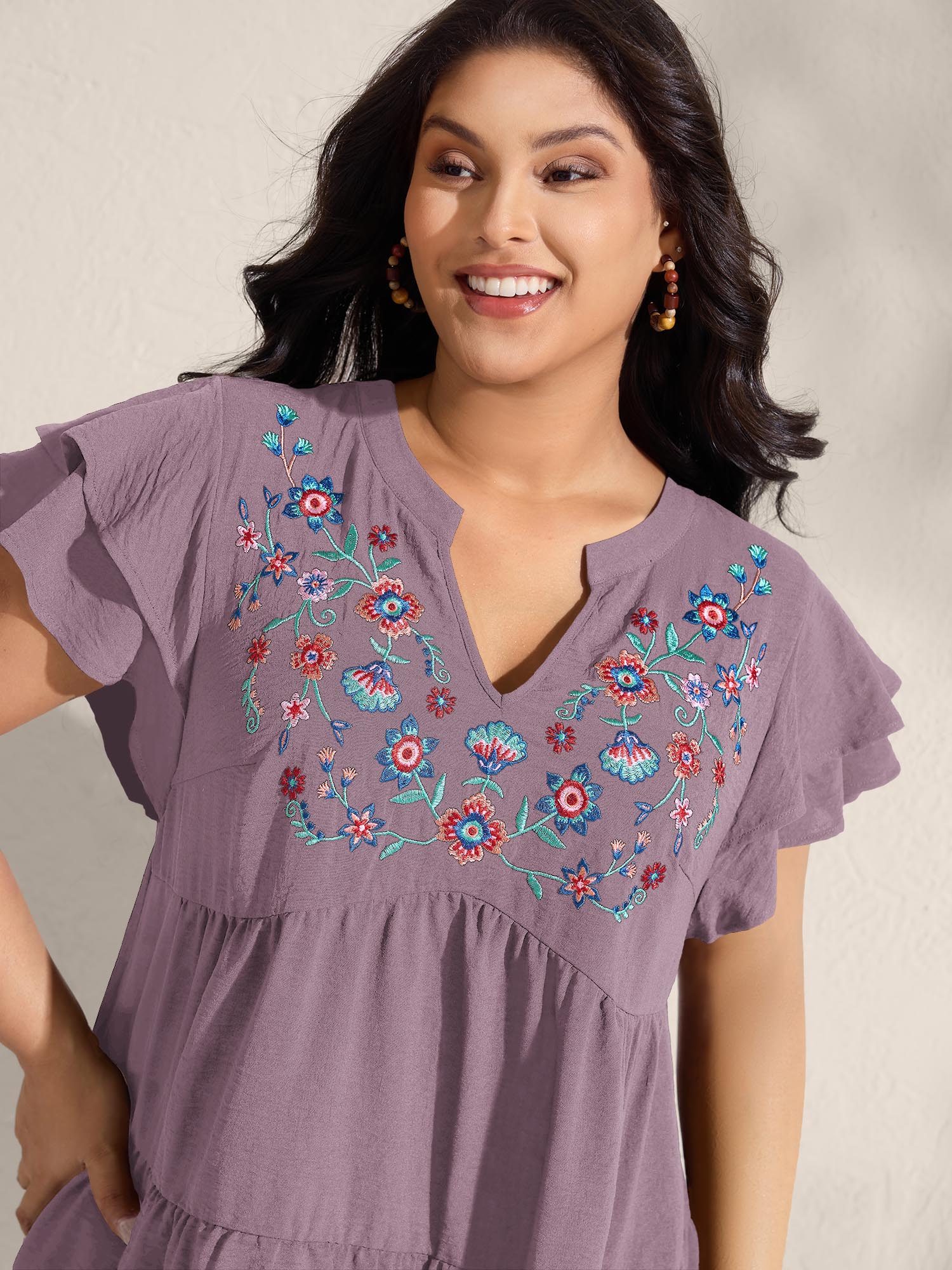 Embroidered Neckline A-Line Ruffled Knee-Length Dress