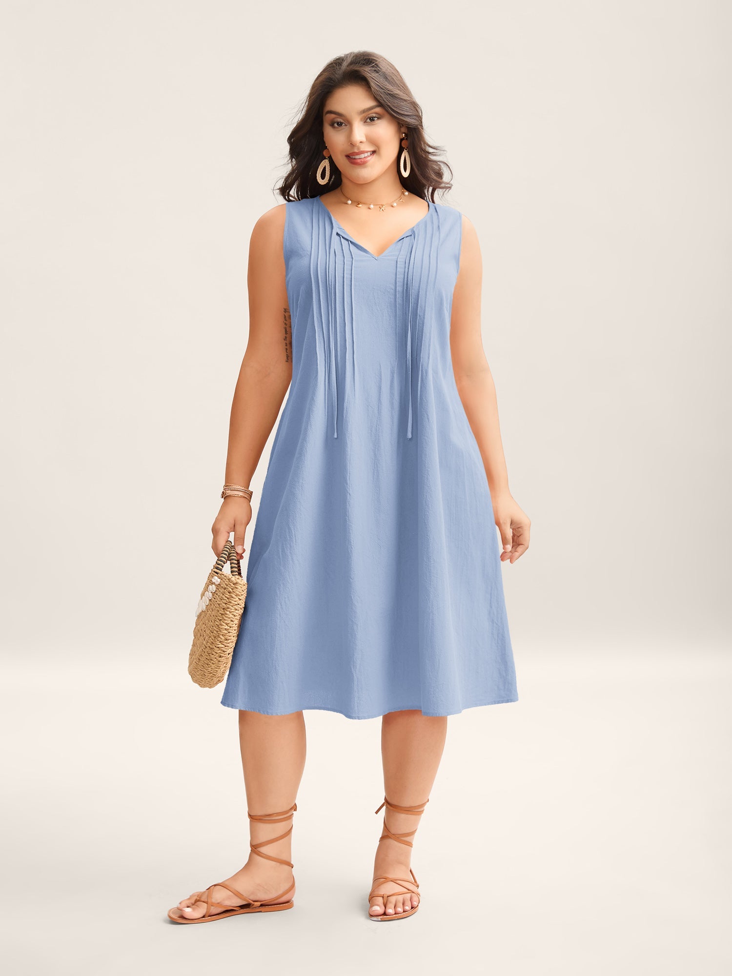 Cotton Toothpick Pleat Plain Midi Dress