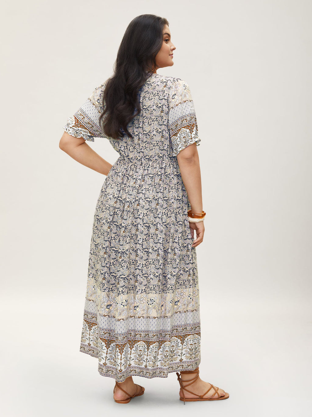 Boho Print Notched Ties Tassel Trim Dress